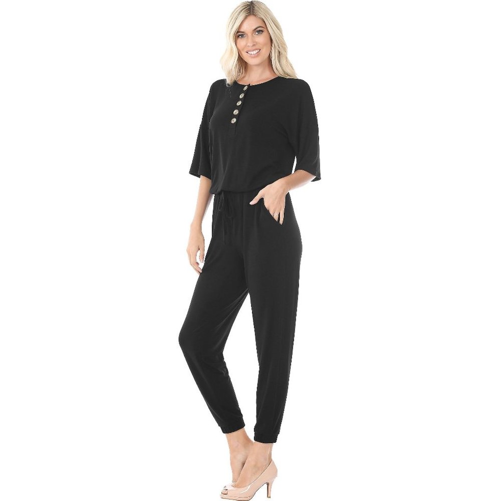 Women's Sporty Chic Casual Jumper Elastic Waistband & Top Buttons Black